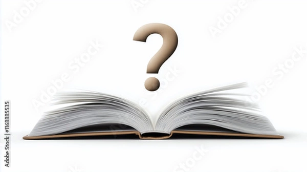 Fototapeta An open book with a single question mark floating out of its pages, Pure White Background