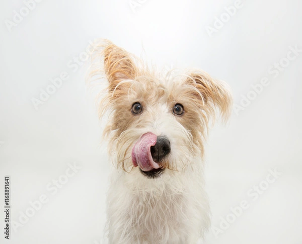 Obraz Hungry fox puppy dog  eating and licking its lips with tongue. Isolated on white background