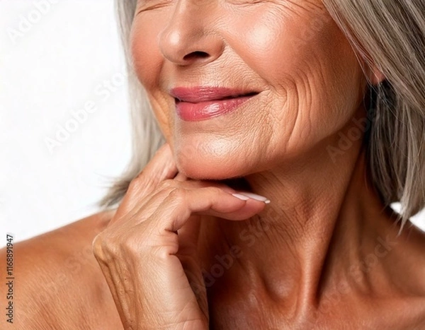 Obraz Mujer mayor con piel radiante tocándose el rostro