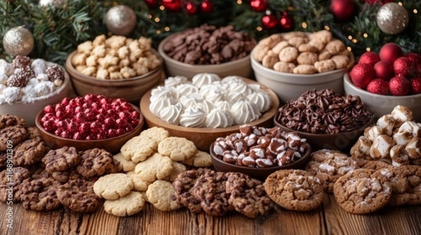 Fototapeta Assorted Christmas cookies, candies, and treats arranged on a wooden table with festive decorations.