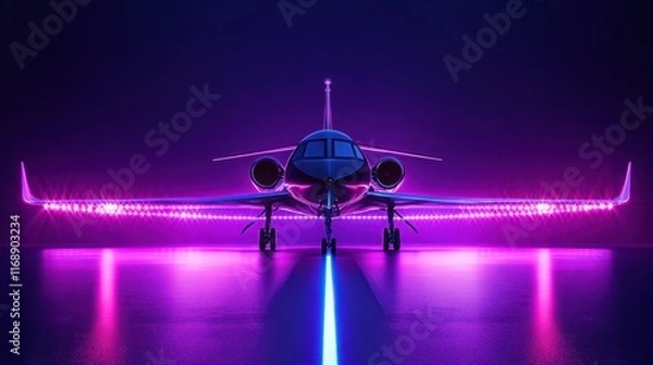 Fototapeta Futuristic Jet with Neon Lights in Dark Setting for Stock Imagery