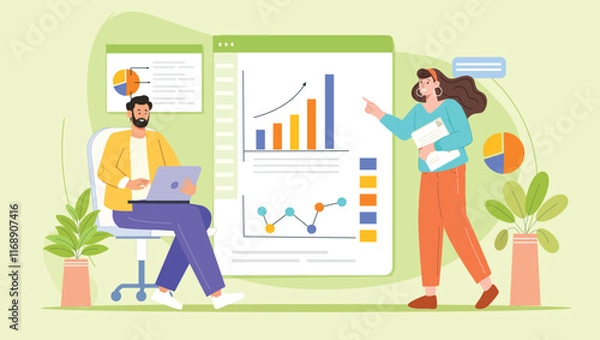 Obraz A vibrant infographic illustration tailored for businesses, with detailed charts, metrics, and visual storytelling elements.