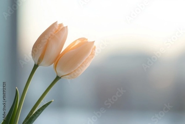 Obraz Two delicate peach tulips blooming near window with city view