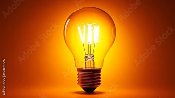 Fototapeta Illuminating idea, a single light bulb glowing on vibrant orange backdrop bright