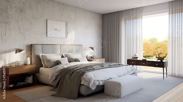 Obraz Modern Bedroom Design With Neutral Tones and Natural Light