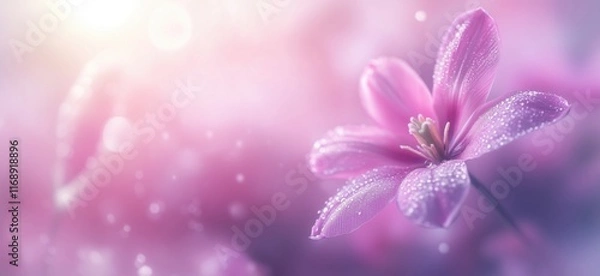 Fototapeta Delicate pink flower with dew drops glistening in soft light, surrounded by a dreamy bokeh background, evoking tranquility and beauty, copy space for text