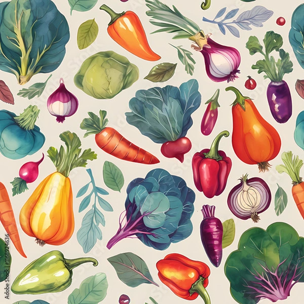 Obraz Vegetable watercolor seamless pattern. Can be used for wrapping, postcards, stickers, menus, ingredients of dishes.