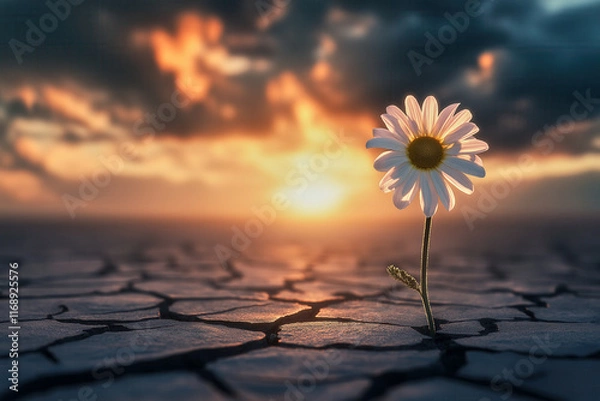 Obraz A daisy flower emerges from a crack in the dry asphalt, under a warm ray of sunshine through the cloudy sky. The contrast creates a powerful sense of resilience and hope.