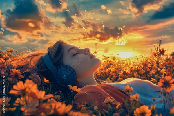 Obraz A girl lies in a field of flowers, wearing headphones and listening to music with her eyes closed, enjoying nature's beauty