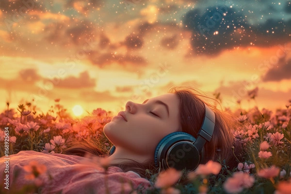 Obraz A girl lies in a field of flowers, wearing headphones and listening to music with her eyes closed, enjoying nature's beauty