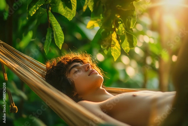 Obraz A person relaxing in the shade of trees lying on a hammock with a serene expression enjoying the warm sunlight and peaceful atmosphere of nature