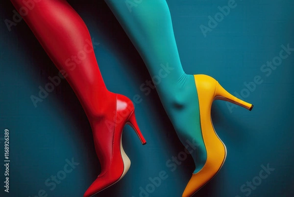 Obraz Close-up of legs in red and yellow high heels, turquoise tights, lying side by side against a dark background, minimalist design. High fashion, design, colour art