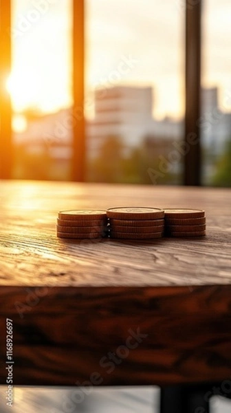 Fototapeta A close-up of stacked coins on a rustic table, illuminated by a warm sunset, creating a serene atmosphere.