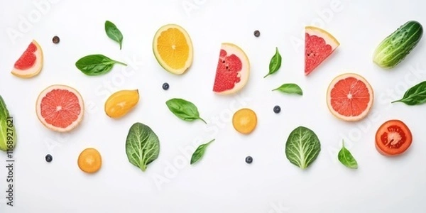 Fototapeta Fresh and Colorful Assortment of Fruits and Vegetables Arranged on a White Background for Healthy Eating and Wellness Lifestyle Concepts