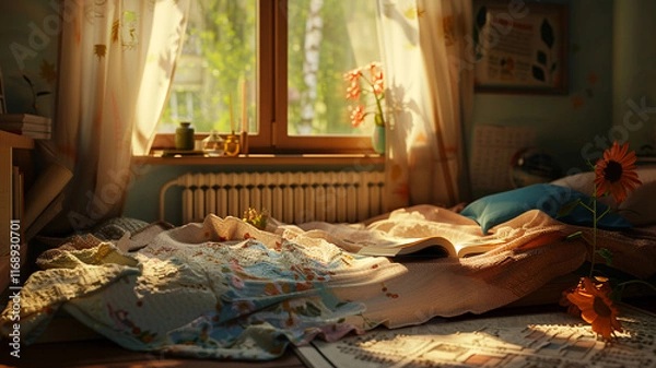 Fototapeta A cozy reading nook with a soft blanket, open book, and abundant natural light, ideal for unwinding and reducing stress.