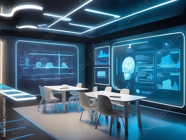 Fototapeta A futuristic classroom with holographic teaching tools. A tranquil, minimalist design emphasizes the focus on technological innovation.Walls are embedded with glowing algorithms and real-time language
