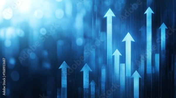 Fototapeta Blue background with upward arrows, a symbol of growth, progress, and positive momentum