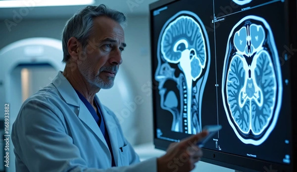 Fototapeta In the clinic, a senior neurologist displays an MRI image of a human head on a computer monitor. Alzheimer's disease.
