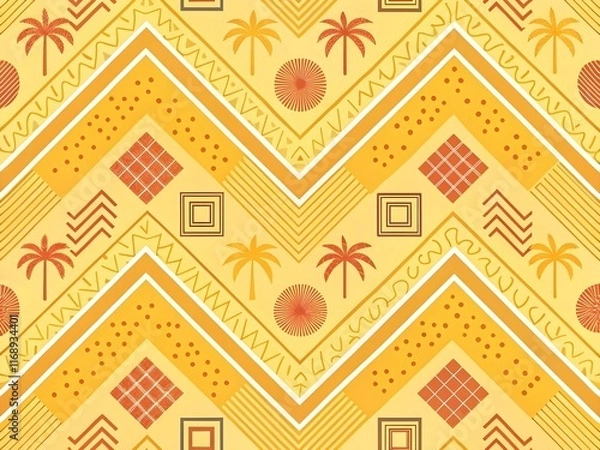 Fototapeta Vibrant geometric pattern with tropical motifs in yellow tones