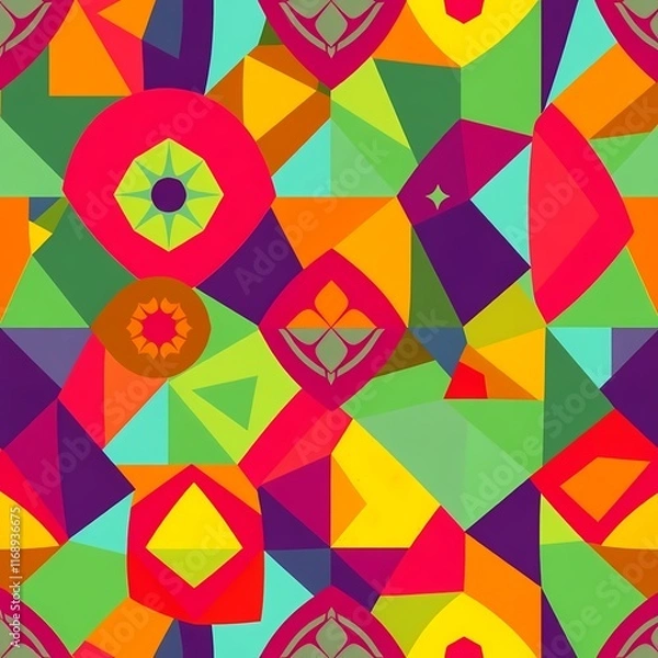 Fototapeta Vibrant Geometric Mosaic:  A kaleidoscope of color and form, this seamless pattern explodes with vibrant geometric shapes and bold hues. Each piece interlocks.