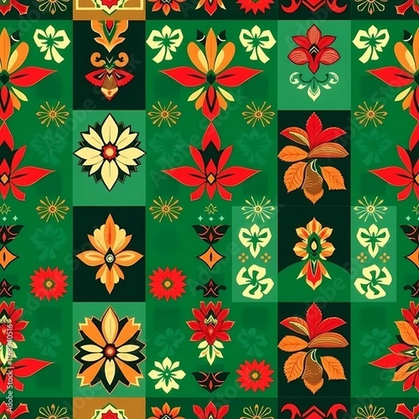 Fototapeta Vibrant Floral Patchwork Pattern: A captivating seamless pattern featuring a bold patchwork design with intricate floral motifs in warm, vibrant colors against a rich green background.