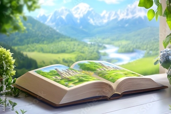 Obraz An open book with an illustration of a fantasy world, depicting castles and green landscapes. The background is a blurred landscape of mountains and rivers