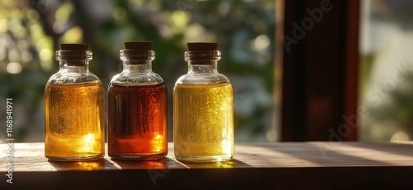Obraz Colorful glass bottles filled with various oils, showcasing amber, golden, and dark hues, illuminated by soft natural light, copy space for text