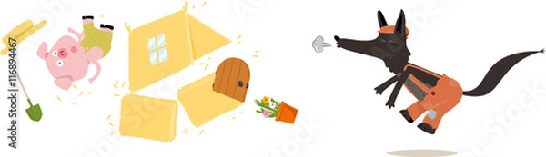 Obraz wilk dmuchający w słomiany dom