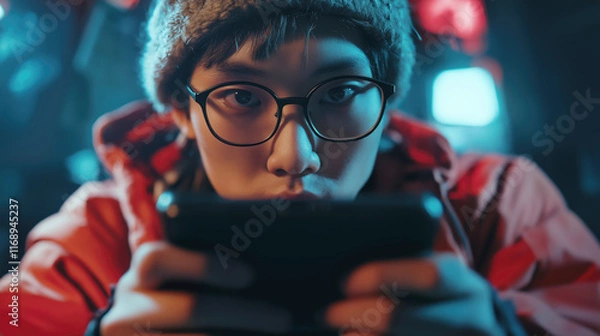 Obraz Focused teenager gaming on a smartphone in a vibrant setting