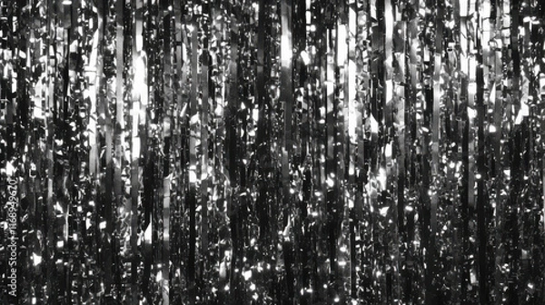 Fototapeta Shimmering metallic tinsel creates striking black and white backdrop, perfect for festive occasions or artistic displays. reflective surfaces add depth and texture to any setting