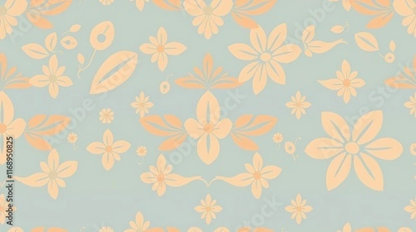 Fototapeta Soft Floral Pattern: Delicate peach flowers and leaves dance on a calming blue background, creating a harmonious and airy aesthetic.