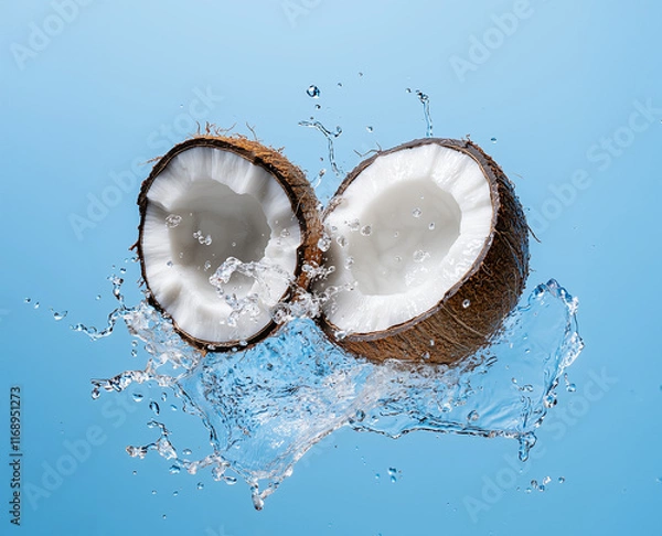 Fototapeta Fresh coconuts splashing under the vibrant blue sky, surrounded by sparkling water droplets in a dynamic scene, embodying tropical refreshment and pure freshness. Created using generative AI