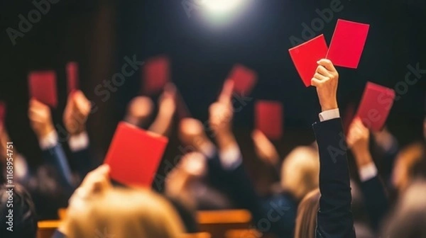 Fototapeta Auction house filled with enthusiastic bidders raising paddles in competitive bidding environment, showcasing the excitement and dynamics of auction culture.