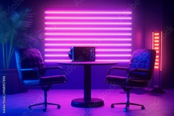 Fototapeta Retro-Inspired Podcast Room with Eye-Catching Neon Accents
