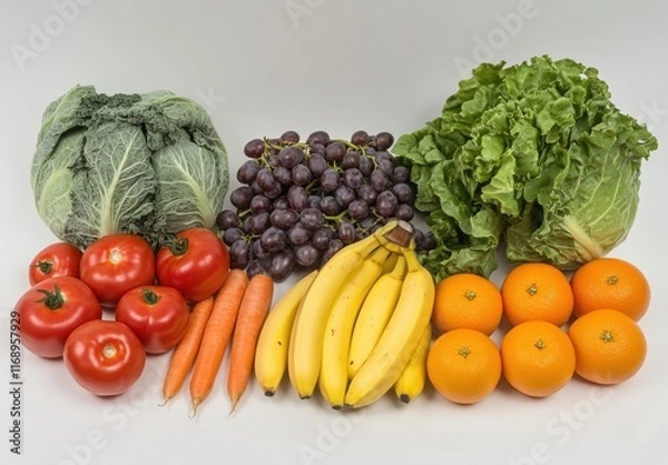 Fototapeta Fresh Variety of Colorful Fruits and Vegetables on Display, Including Bananas, Grapes, Tomatoes, Carrots, Oranges, and Leafy Greens for Healthy Eating and Nutrition