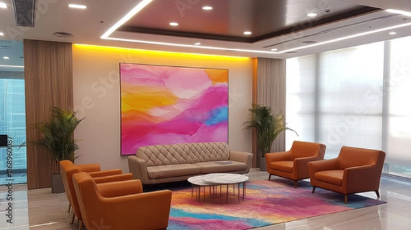 Fototapeta modern corporate relaxation area featuring abstract art, vibrant colors, and comfortable seating
