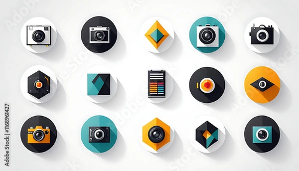 Obraz Icon Set for Web, Vector Buttons Pack, Flat Design Icons, Circle Web Symbols, Email and Phone Icons, Glossy Media Buttons, Business Logo Icons, Technology Web Signs, Home and Arrow Buttons, Internet S