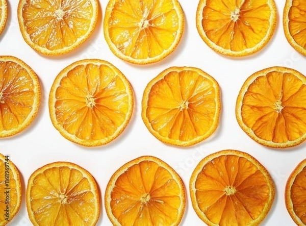Fototapeta Vibrant and Freshly Sliced Orange Circles Arranged Neatly on a White Background, Showcasing Juicy Texture and Bright Citrus Color for Food and Beverage Imagery