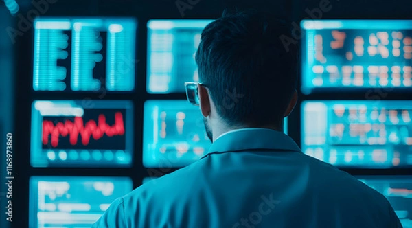 Fototapeta A person in a lab coat analyzes multiple high-tech screens displaying data and graphs, immersed in a scientific or technological environment.