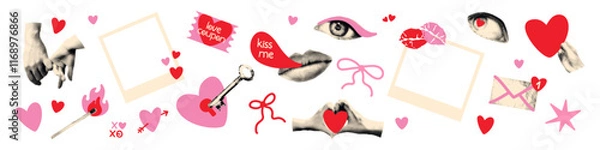 Fototapeta Love and Valentine's day collage cut outs set. Halftone dotted stickers and doodles, hands, eyes, lips, vintage bows, instant photo frames. Modern retro vector illustration on transparent background