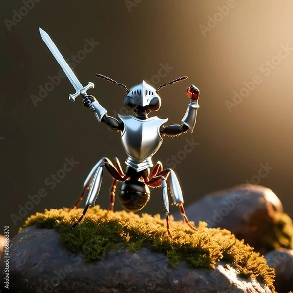 Fototapeta A knight ant in shining armor, wielding a tiny sword, standing victoriously on a rock.
