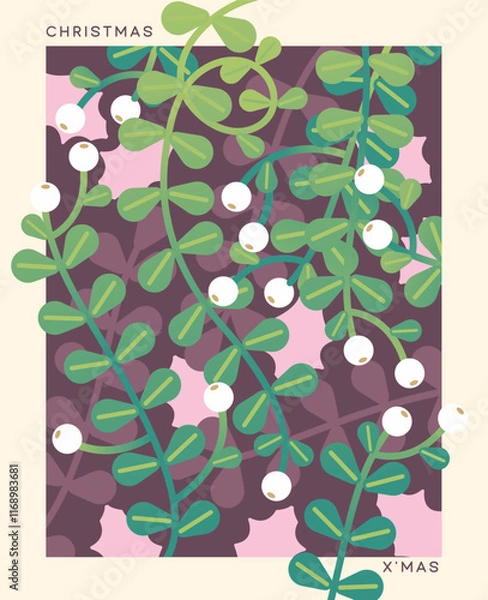 Obraz A festive artwork showcasing intertwining green vines and white berries against a soft pink and purple backdrop, evoking the joyful spirit of Christmas. Perfect for seasonal cheer