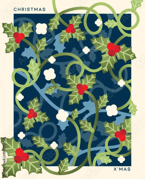 Obraz A festive cascade of holly leaves and vibrant red berries on a deep blue backdrop, capturing the timeless beauty of Christmas.