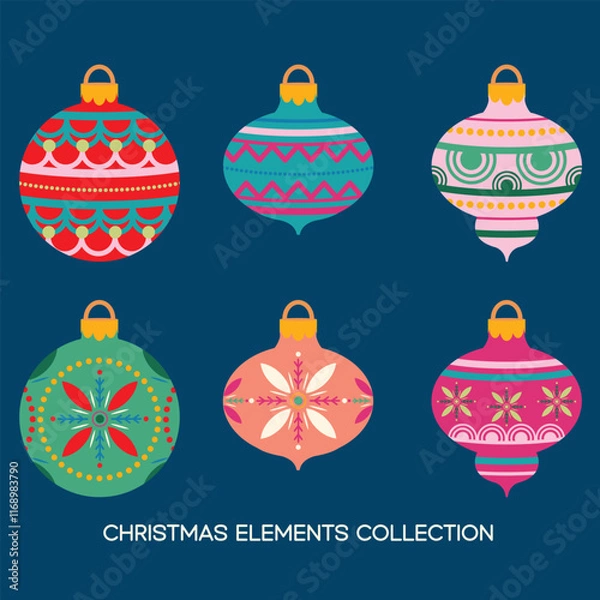Obraz "Christmas Elements Collection" , six vibrant Christmas ornaments with intricate patterns glow against a deep blue background, radiating festive cheer.