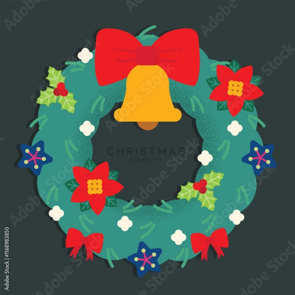 Obraz A festive Christmas wreath adorned with red bows, poinsettias, holly leaves, and a golden bell at the center, perfect for spreading holiday cheer!