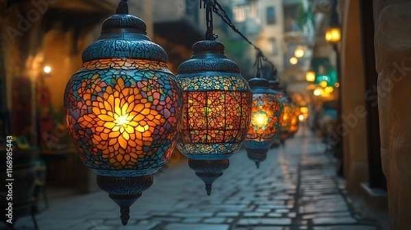 Fototapeta Colorful mosaic lanterns illuminate a narrow street.