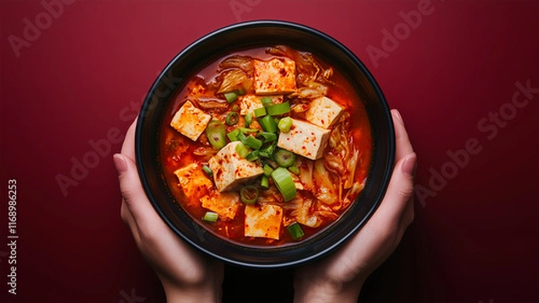 Fototapeta 手で持つ韓国風キムチチゲ