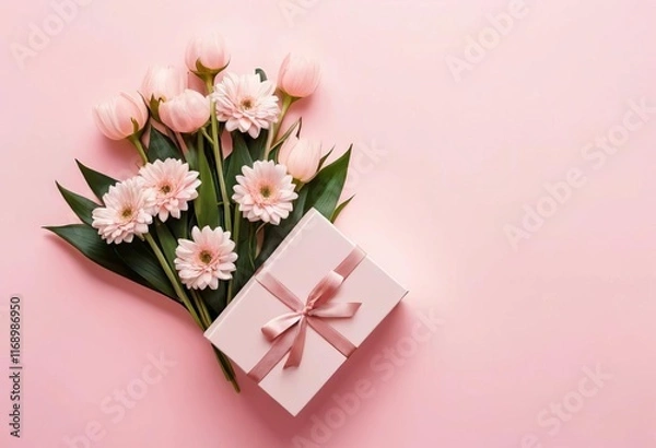 Obraz A gift box with a bouquet of flowers on a pink background