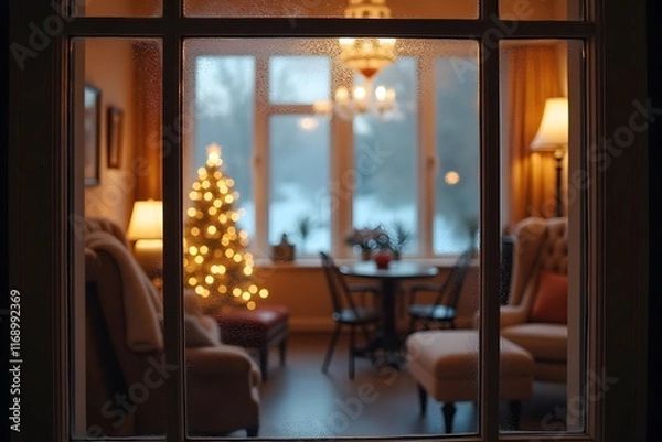 Fototapeta A view through a frosted window of a cozy room with holiday decorations.