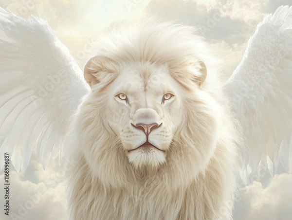 Fototapeta a massive, majestic white lion with a beautiful, full white mane and natural white wings detailed with bird-like feathers, wings raised upward. The lion approaches the camera head-on with an intense, 